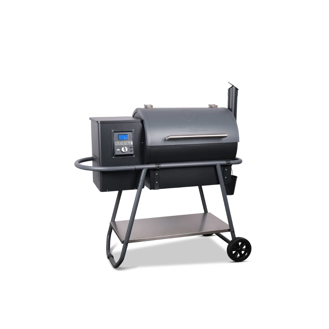 Barbecue pellet grill MOESTA Sheriff noir avec contrôle de température digital, fumoir extérieur premium pour cuisson lente et grillades parfaites